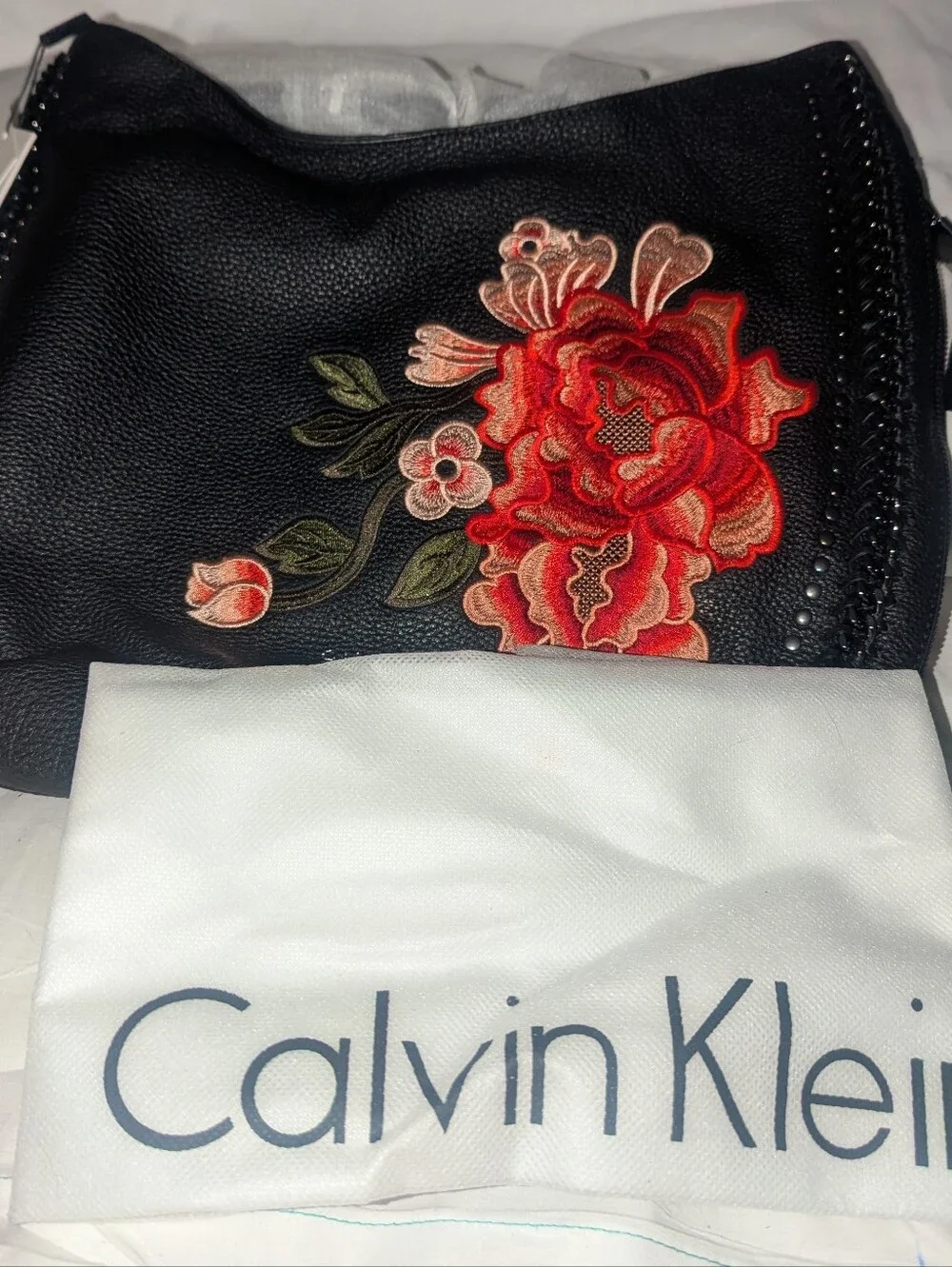 Calvin Klein Samira Black Leather Hobo Bag with Red Floral Embroidery NWT